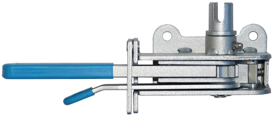Heavy Duty Curtain Tensioner - CBF Series 40AT with blue handle, metal piece, stainless steel grease nipple, and fixing points for commercial trailer use.