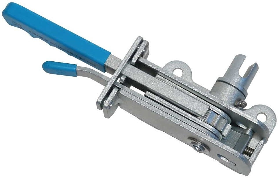 Heavy Duty Curtain Tensioner - CBF Series 40AT, featuring blue-handled metal tool, ø25mm round shaft, stainless steel grease nipple, and Armour-Tech 600 coating.