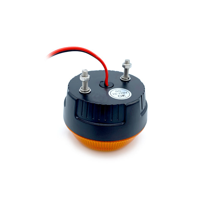 Amber LED Mini Beacon with polycarbonate base, amber lens, red wire, quad flash pattern. Suitable for forklifts and industrial vehicles. Size: 81mm x 55mm.