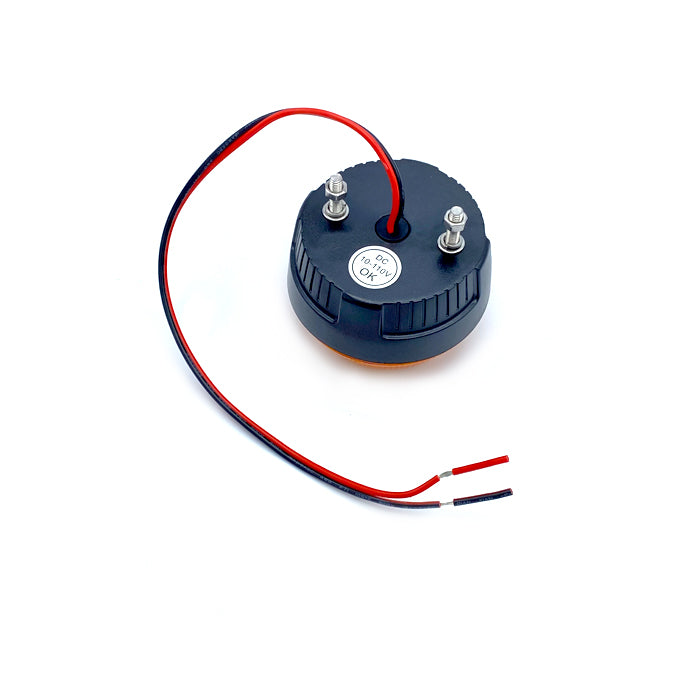 Amber LED Mini Beacon with polycarbonate base, red and black wires, ideal for industrial vehicles. Compact design, 20x LED, fits forklifts and cleaning machines.