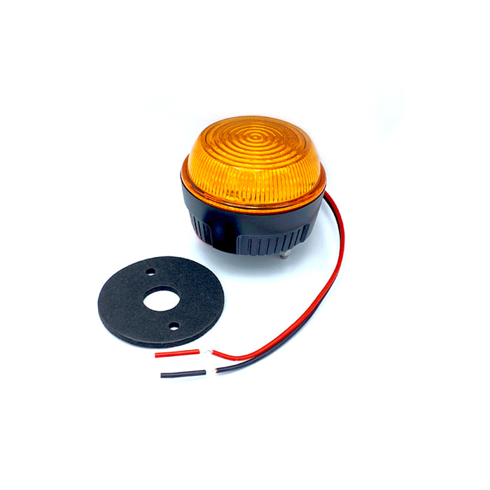 Amber LED Mini Beacon with black wire and rubber ring, featuring polycarbonate UV-resistant lens, 20x LED, quad flash pattern, ideal for industrial vehicles.