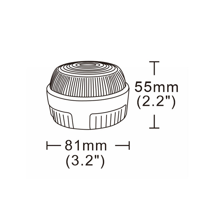 Amber LED Mini Beacon with polycarbonate base, Fresnel design lens, 20x LED, ideal for industrial vehicles. Quad flash pattern, compact size 81mm x 55mm.