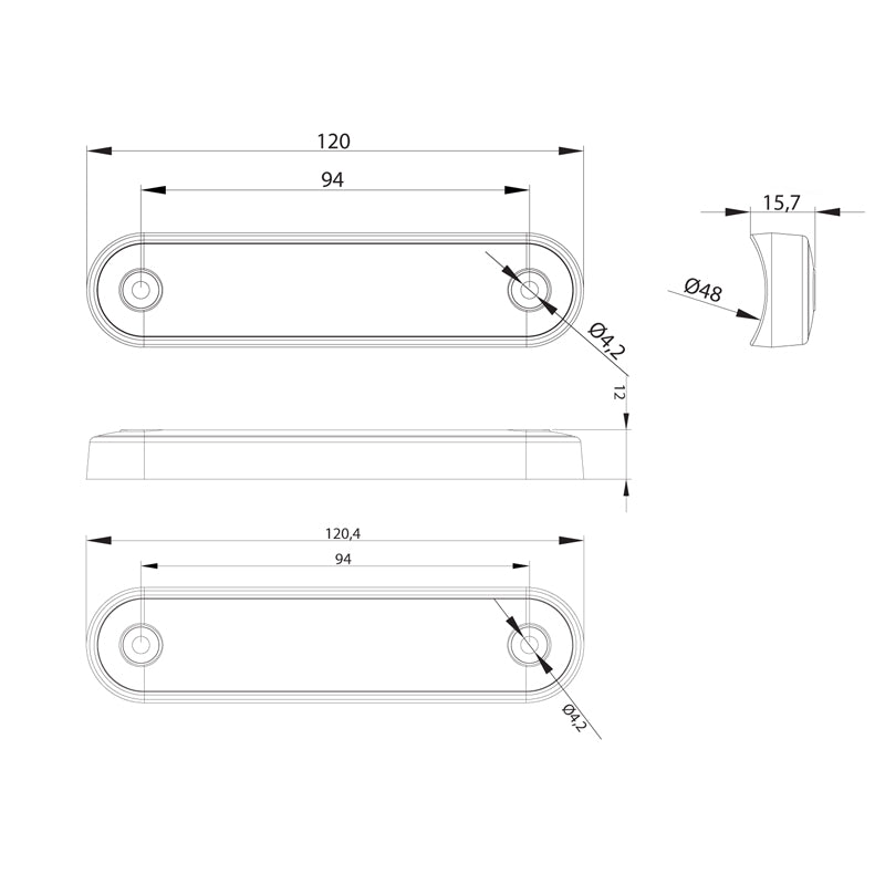 8 LED Long Marker Light, sketched design, highlights easy installation on flat or tubular surfaces, shock-resistant, IP68 rated for vans and trucks.