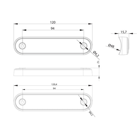 8 LED Long Marker Light, sketched design, highlights easy installation on flat or tubular surfaces, shock-resistant, IP68 rated for vans and trucks.