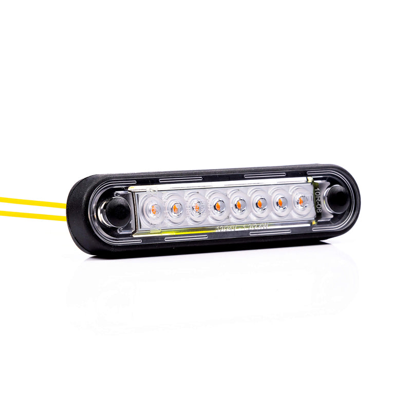 8 LED Long Marker Light for vehicles, designed for easy installation on flat or tubular surfaces, featuring a durable, shock-resistant design with optional polarity and weather resistance.
