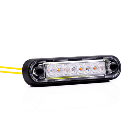 8 LED Long Marker Light for vehicles, designed for easy installation on flat or tubular surfaces, featuring a durable, shock-resistant design with optional polarity and weather resistance.