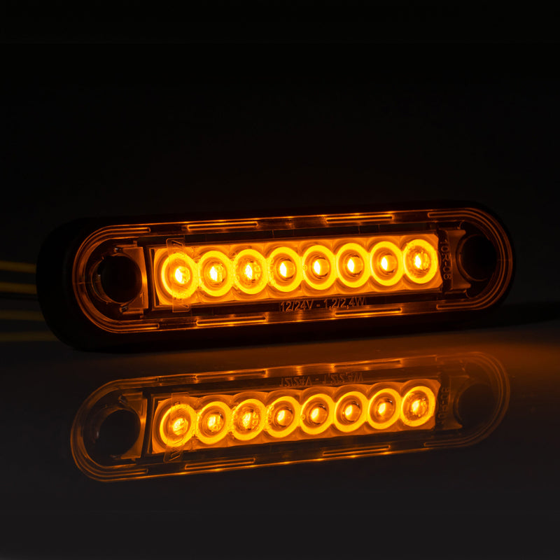 8 LED Long Marker Light, close-up view, showcasing its compact design for easy mounting on vehicles, ideal for trailers and commercial use.