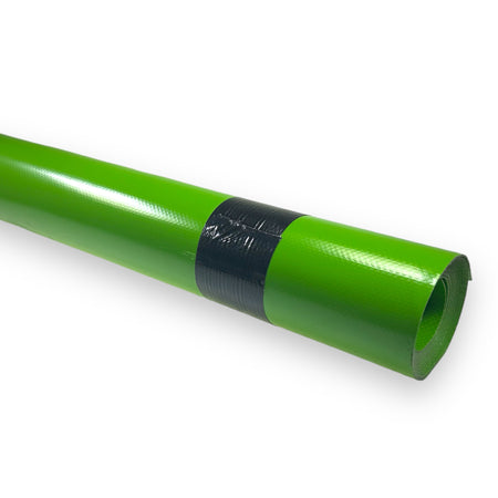 Curtain Material: Green PVC tube with black tape, showcasing high-quality 900gsm Panama fabric for commercial trailers, available in 3m x 1m rolls.