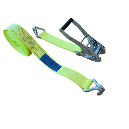 High-Vis 50mm 5000kg Ratchet Strap Claw Hooks - 10 METRES, featuring durable webbing and secure claw hooks for heavy load restraint. Ideal for transport and construction professionals.