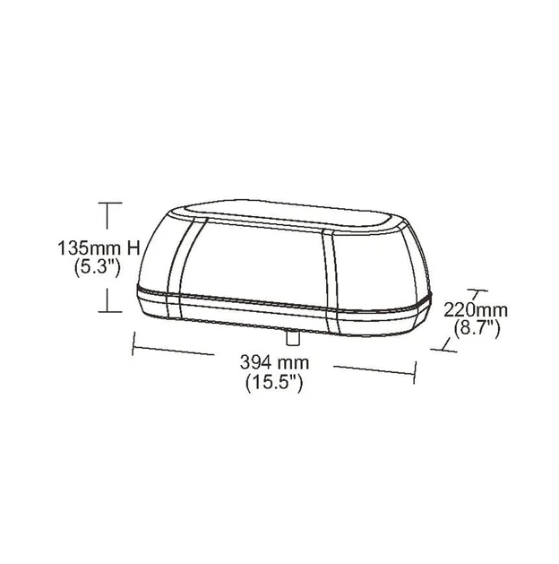 LED High Profile Mini Light Bar for commercial vehicles, featuring an aerodynamic design and available in amber or clear lens, illustrated in a detailed sketch.