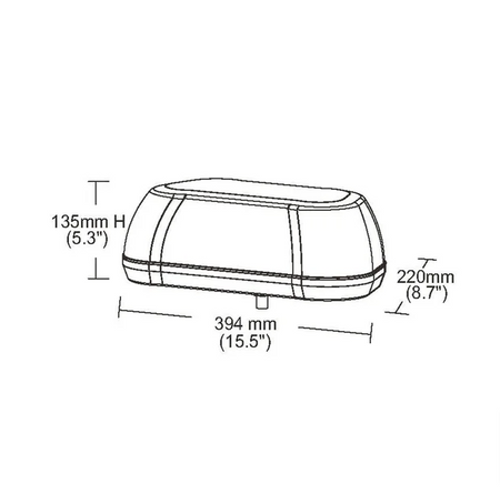 LED High Profile Mini Light Bar for commercial vehicles, featuring an aerodynamic design and available in amber or clear lens, illustrated in a detailed sketch.