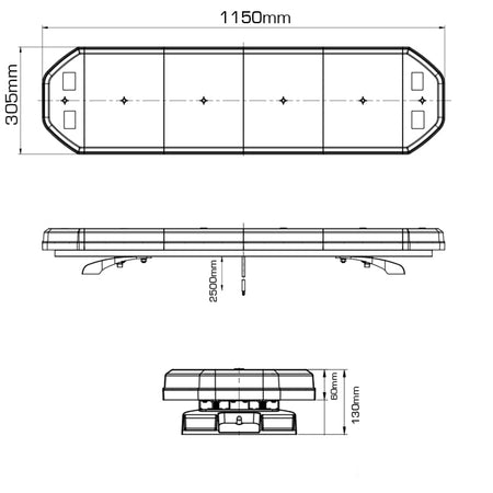 Horizontal LED Amber Warning Lightbar diagram showing technical drawing and dimensions, illustrating various sizes and design features for commercial vehicle visibility.