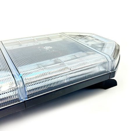 Close-up of the Horizontal LED Amber Warning Lightbar with a clear lens and black base, showcasing its compact design and robust construction for vehicle visibility.