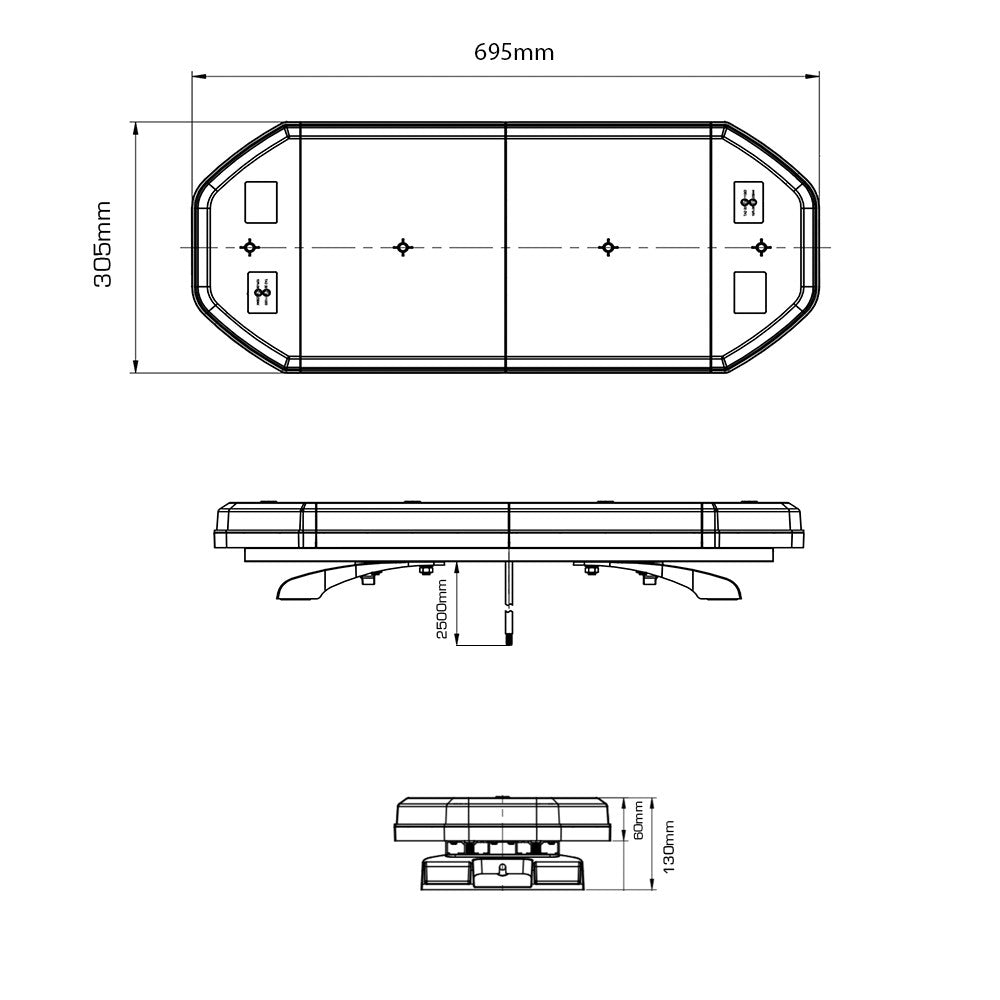 Horizon Lightbar sketch showing technical design and dimensions for amber LED warning lightbar, available in various sizes for commercial vehicles.