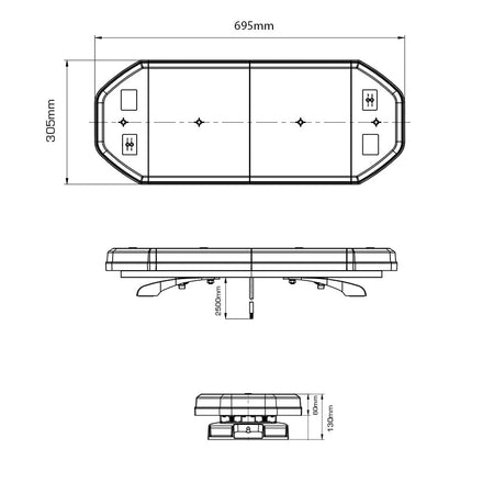 Horizon Lightbar sketch showing technical design and dimensions for amber LED warning lightbar, available in various sizes for commercial vehicles.