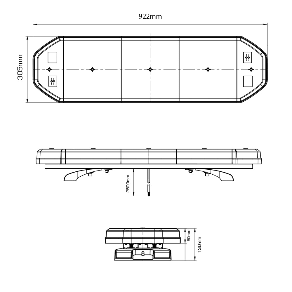 Horizontal LED Amber Warning Lightbar sketch, showcasing its rectangular shape and technical design for commercial vehicle visibility and safety.