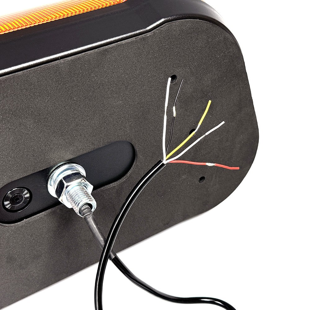 LED High Profile Mini Light Bar with wires, aerodynamic design, and bolt detail, ideal for commercial vehicles. Available in amber or clear lens options.