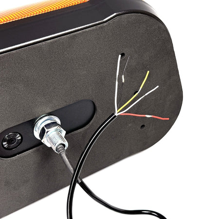 LED High Profile Mini Light Bar with wires, aerodynamic design, and bolt detail, ideal for commercial vehicles. Available in amber or clear lens options.