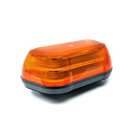LED High Profile Mini Bar with aerodynamic design for commercial vehicles, offering amber or clear lens options, featuring energy-efficient, weatherproof LEDs and multiple flash patterns.