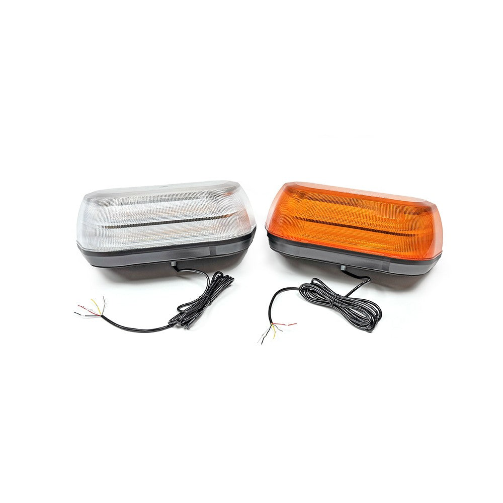 LED High Profile Mini Light Bar with aerodynamic design, featuring a pair of orange and white lights, and black wires for commercial vehicle installation.