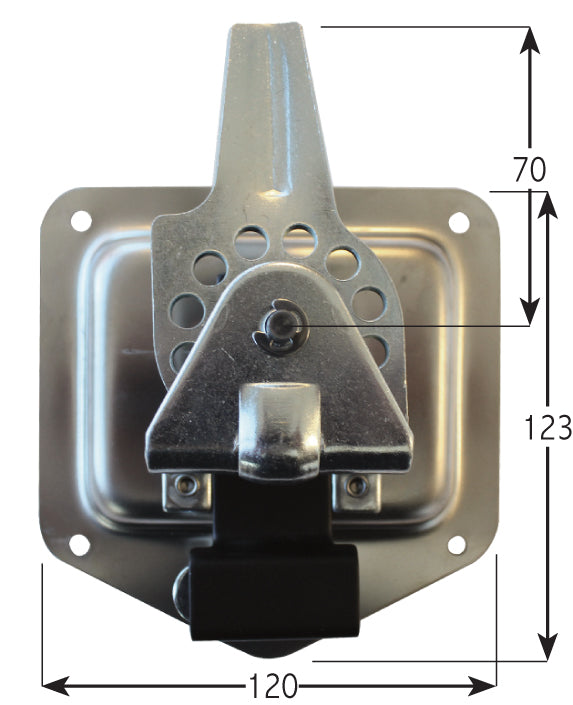 Recessed Drop T Handle Stainless Steel - Locking, featuring a metal piece with black rubber grip and four fixing holes, supplied with two keys.