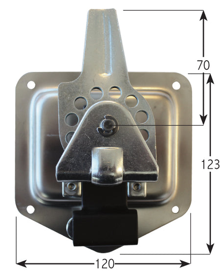 Recessed Drop T Handle Stainless Steel - Locking, featuring a metal piece with black rubber grip and four fixing holes, supplied with two keys.
