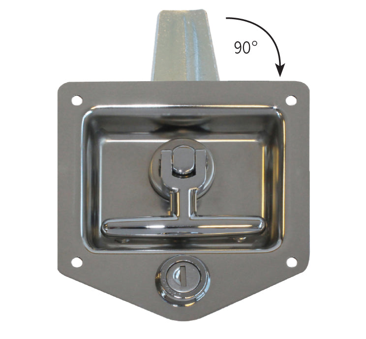 Recessed Drop T Handle Stainless Steel - Locking, shown in a close-up with anti-clockwise turning handle, supplied with two keys and four fixing holes.