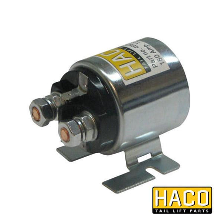 Starter solenoid 12V 150 Amp. HACO, metal device with yellow label, fits Dhollandia Tail Lifts, interchangeable with part E0059.