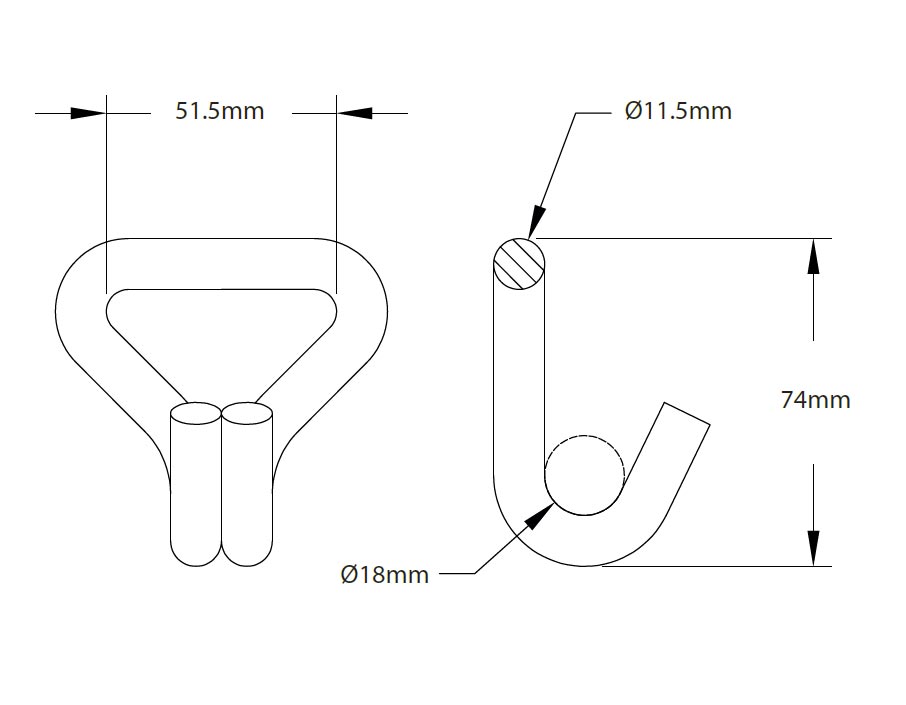 Diagram of a 5,000kg, 50mm Claw Hook Only end fitting, designed for 50mm wide webbing, suitable for heavy-duty load restraint applications.