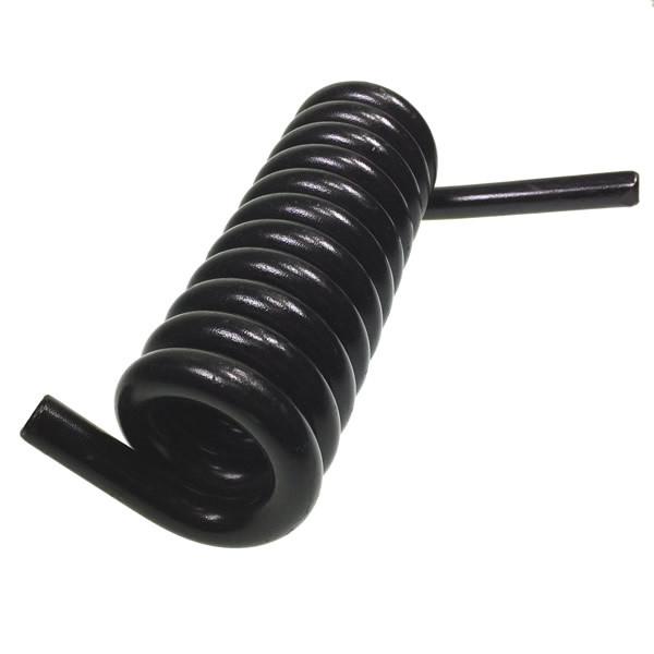 Black coil spring labeled LH Coiled Small Dia DA Spring, 2.25 Dia, designed for tail lift systems in commercial trailers.