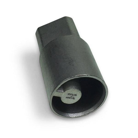 Aluminium Bottom Square Drive Adaptor for 27mm Curtain Poles, featuring a sturdy metal cylindrical design, ideal for commercial trailer curtain systems.