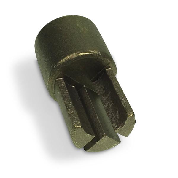 Brass Bottom Slot Drive Adaptor for 34mm Curtain Poles, shown in close-up, highlighting its metal construction and central hole, suitable for commercial trailer applications.