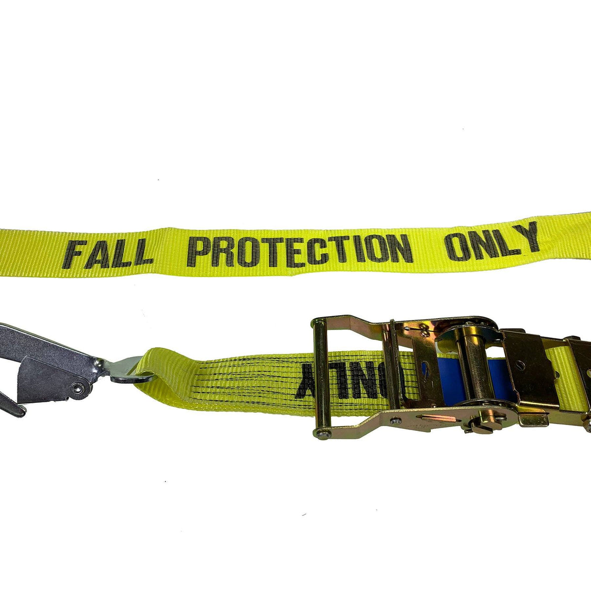 Fall Protection Ratchet Strap with Snap Hooks, 15 Meter: Yellow strap with 'FALL PROTECTION ONLY' text, snap hooks, and ratchet buckle for trailer safety.