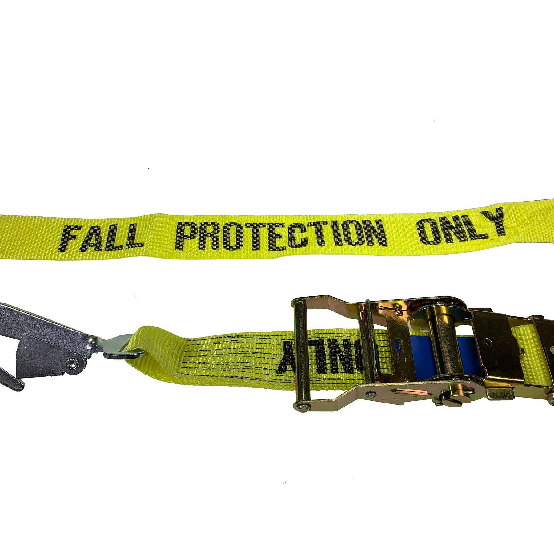 Fall Protection Ratchet Strap with Snap Hooks shown in bright yellow with bold black text for securing loads on commercial vehicles.