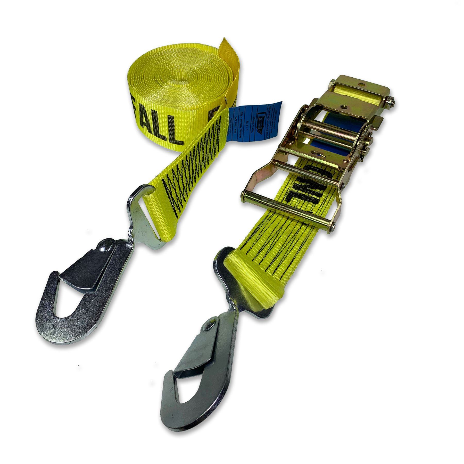 Fall Protection Ratchet Strap with Snap Hooks featuring yellow webbing marked FALL PROTECTION ONLY, metal clasp, and ratchet buckle for secure vehicle safety.