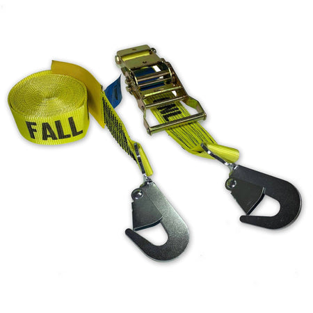 Fall Protection Ratchet Strap with Snap Hooks, 15m yellow webbing, black 'FALL PROTECTION ONLY' text, metal buckle and hooks for securing commercial trailers.
