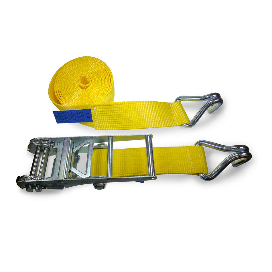 10,000kg Ratchet Strap with Claw Hooks, 8 Metres, featuring a powerful metal tensioner and durable yellow webbing for industrial machinery restraint.
