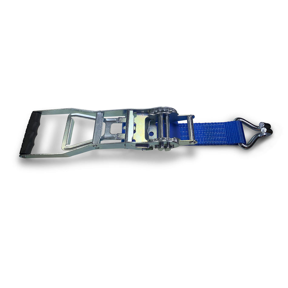 5000kg Ergo Ratchet & Tail Strap with claw hook seen close-up, featuring a metal handle and buckle, designed for reduced tension application.