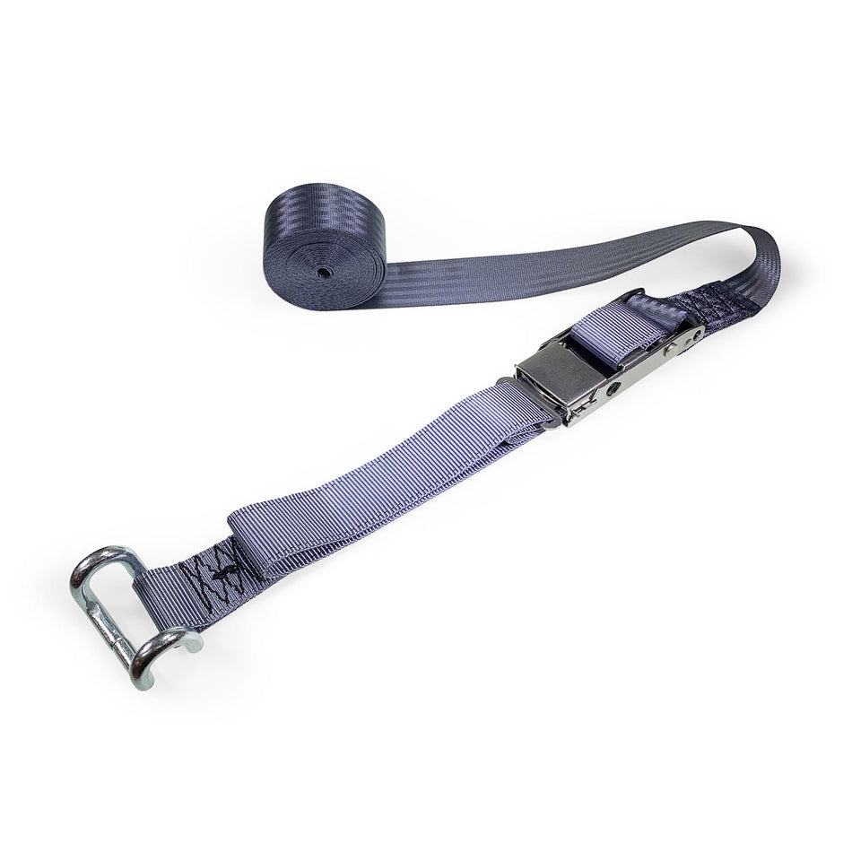 Close-up of a grey strap with a metal clasp, part of the Top to Bottom Strap (Grey) for secure fitting in commercial trailers.