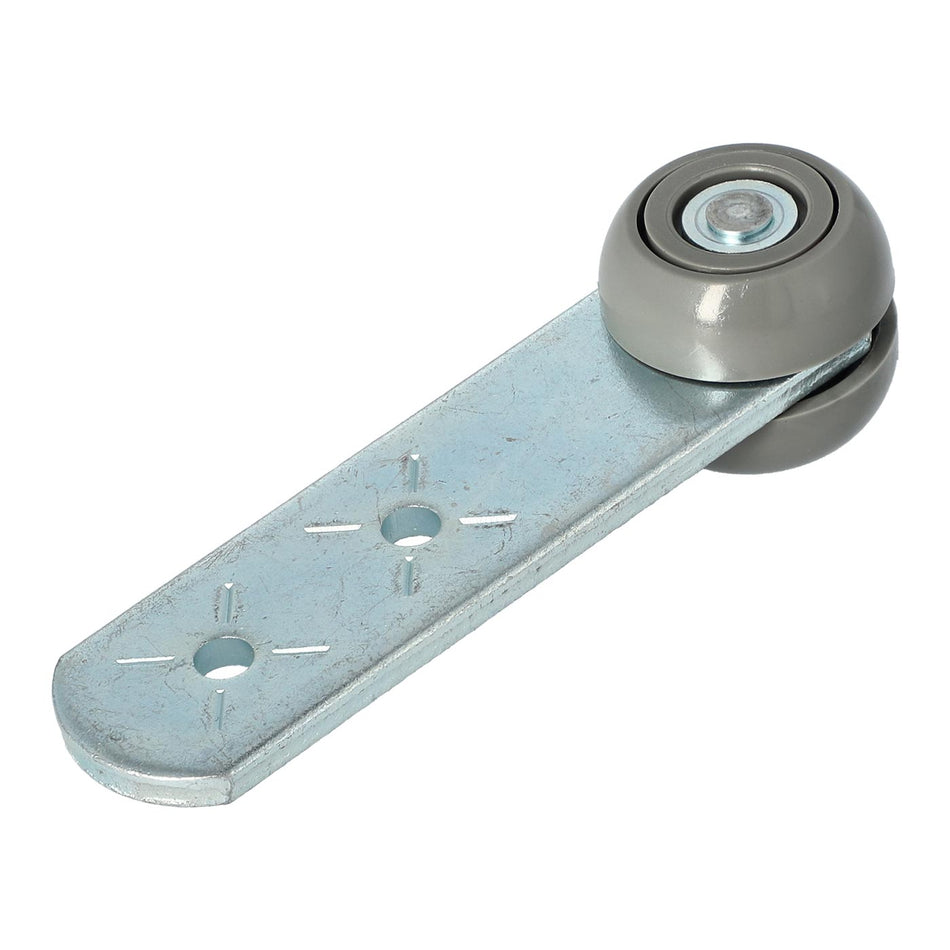 35mm Bevelled Curtain Roller with stainless steel construction and round metal wheel, designed for curtain systems, featuring durable engineering copolymer material.