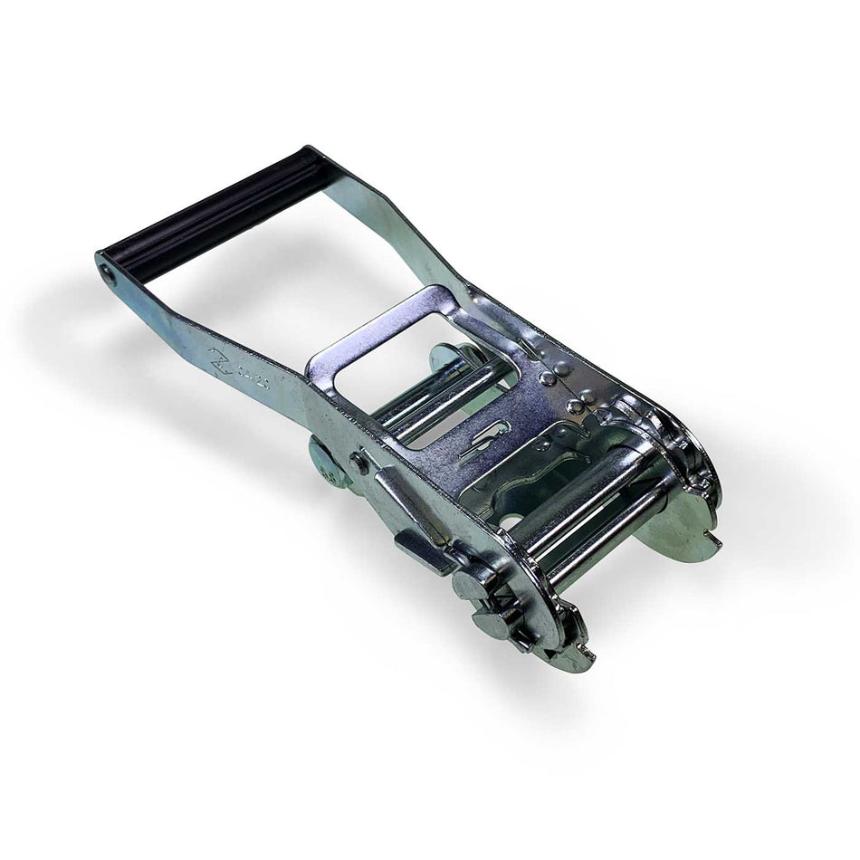 5000kg Ratchet Buckle - Long Wide Handle with black grip, close-up of metal details, designed for high-tension load restraint, fits 50mm webbing.