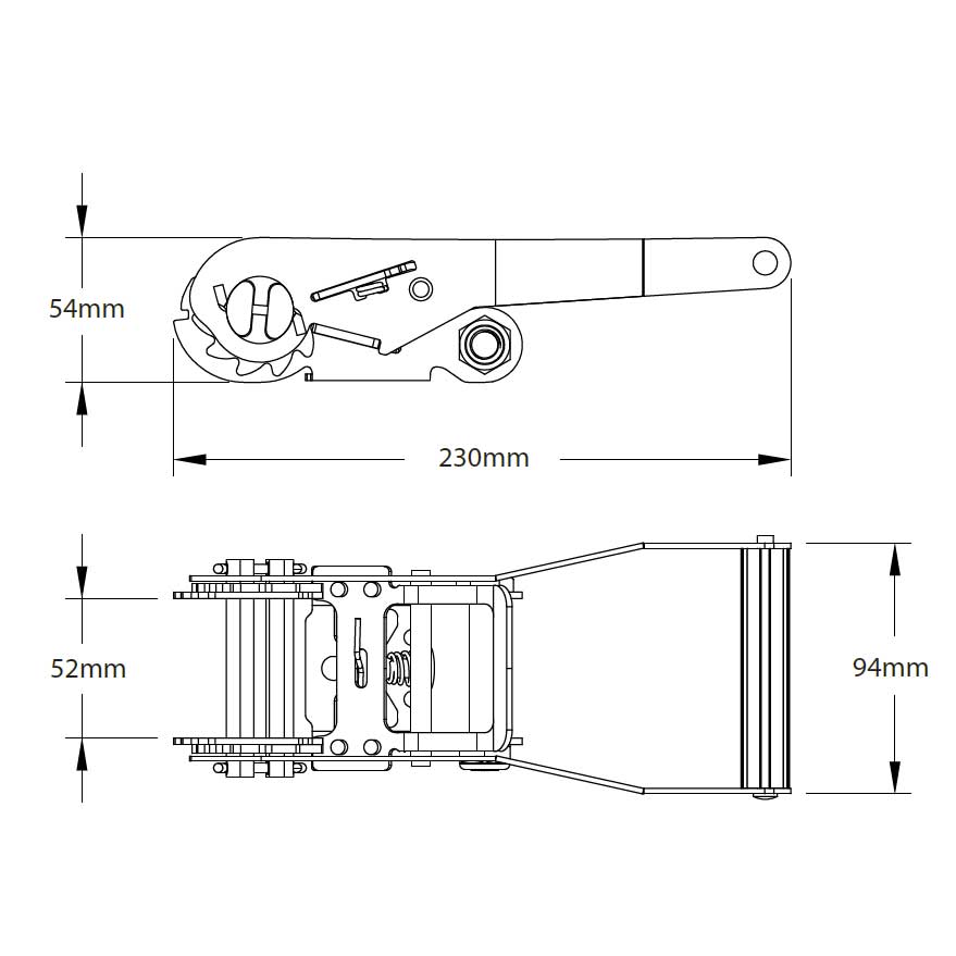 5000kg Ratchet & Tail Strap, sketch of mechanical device, highlighting powerful tensioner and double lock handle for load restraint.