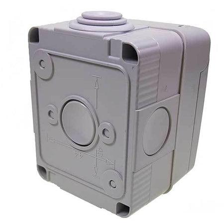 Single Gang Waterproof Light Switch with hinged front cover, visible buttons, and multiple cable entry points, ideal for commercial trailer applications.
