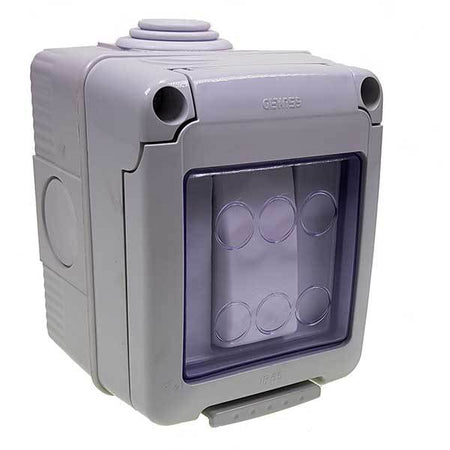 Single Gang Waterproof Light Switch with a hinged transparent cover, featuring multiple cable entry points, ideal for commercial trailers and vehicles.