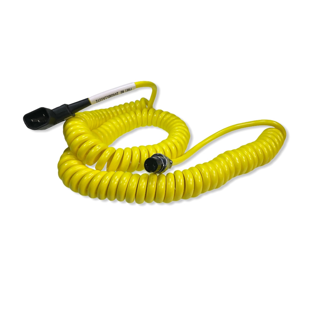 Internal Bulkhead Door Power Cable featuring a yellow, coiled hose with a black handle, suitable for JR Industries Bulkheads.