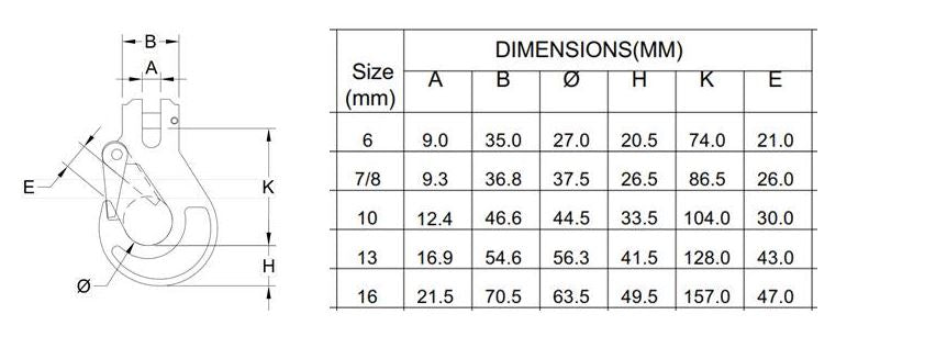 CSH7/8L Clevis Sling Hook illustration with mechanical part sketch and size tables, designed for load binding chains with safety catch and clevis load pin.