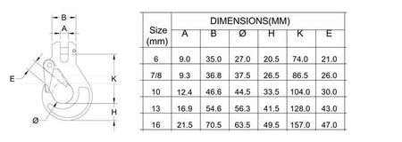 CSH7/8L Clevis Sling Hook illustration with mechanical part sketch and size tables, designed for load binding chains with safety catch and clevis load pin.