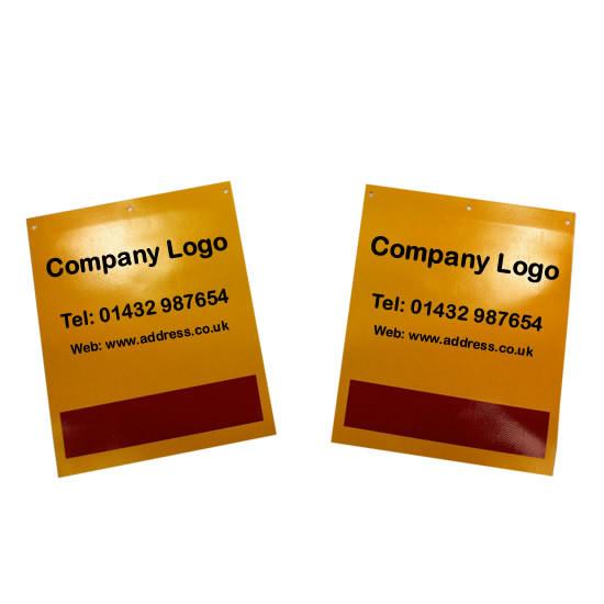 100 Branded Tail Lift Flags displayed, showcasing black text on yellow signs, part of Nationwide Trailer Parts Ltd's commercial vehicle accessories. Minimum order of 100 flags.