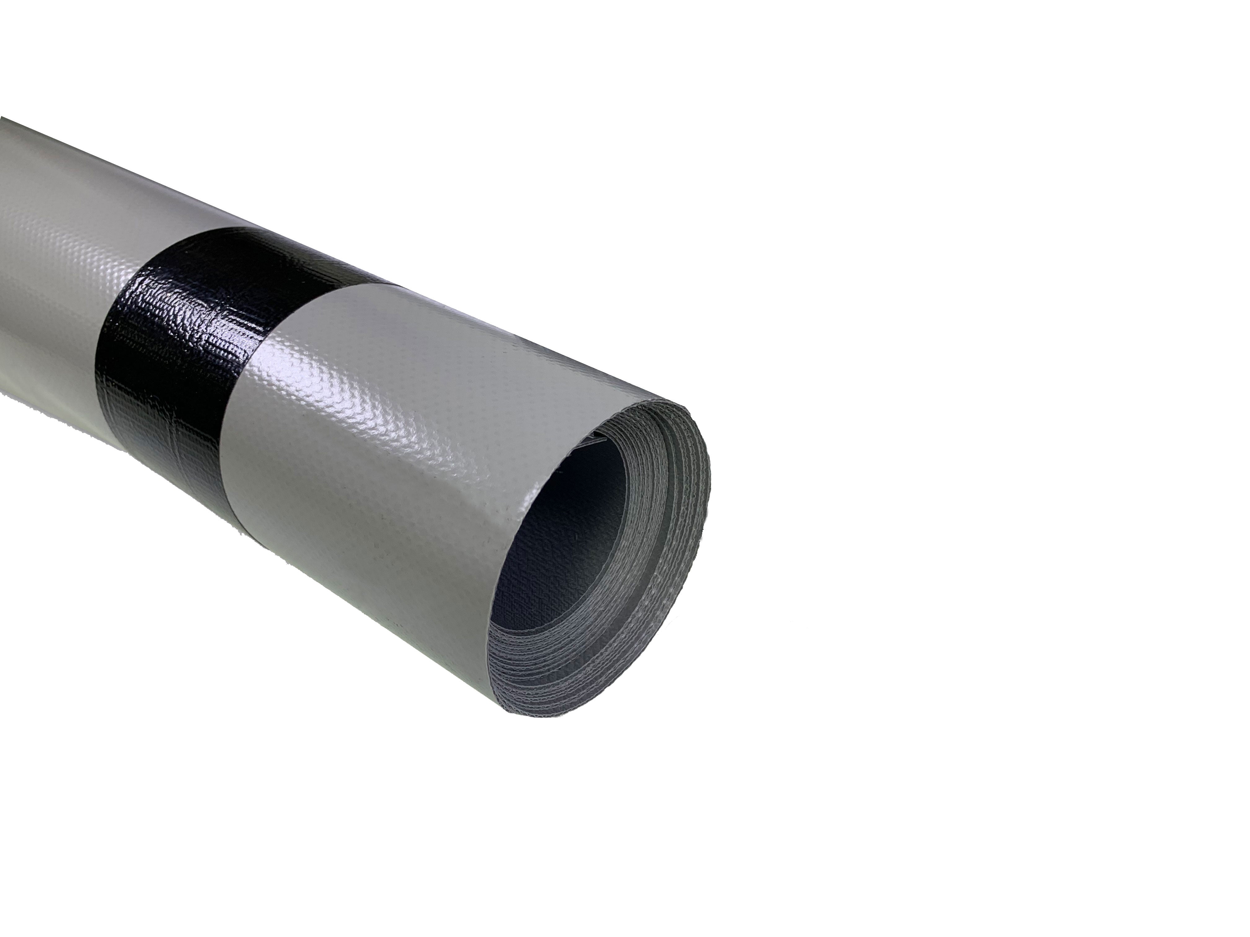 Curtain Material: Close-up of a black and white striped roll, showcasing durable 900gsm Panama PVC, ideal for commercial trailer curtain sides.