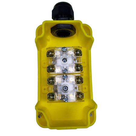 Yellow Tail Lift Control Box - Two Way with top gland, featuring dual push buttons and a black cap, suitable for industrial lift applications.